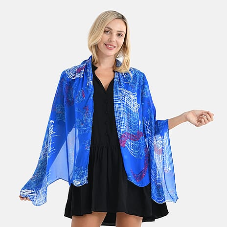 La Marey 100% Mulberry Silk Printed Scarf (170 x 65cm) - Blue