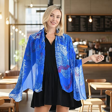 La Marey 100% Mulberry Silk Printed Scarf (170 x 65cm) - Blue