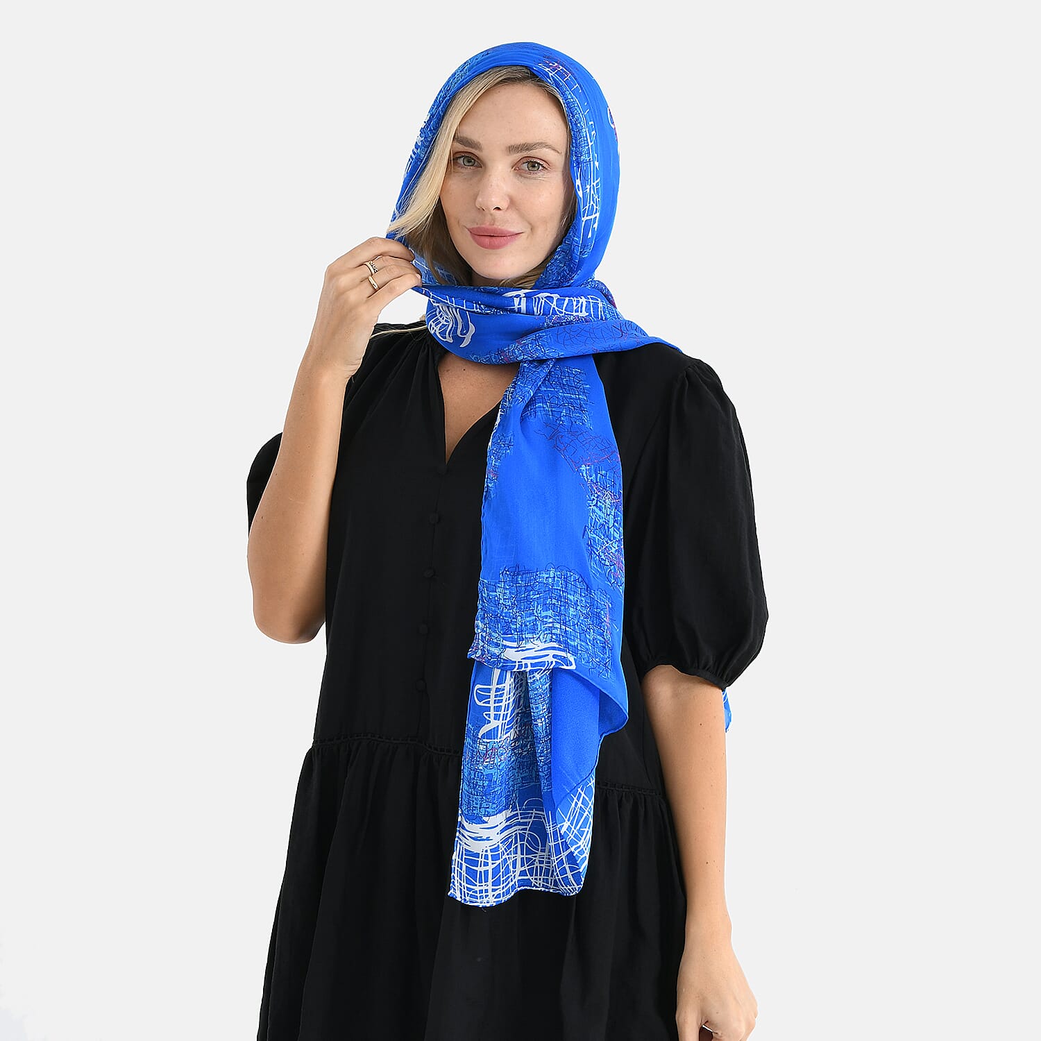 La Marey 100% Mulberry Silk Printed Scarf (170 x 65cm) - Blue