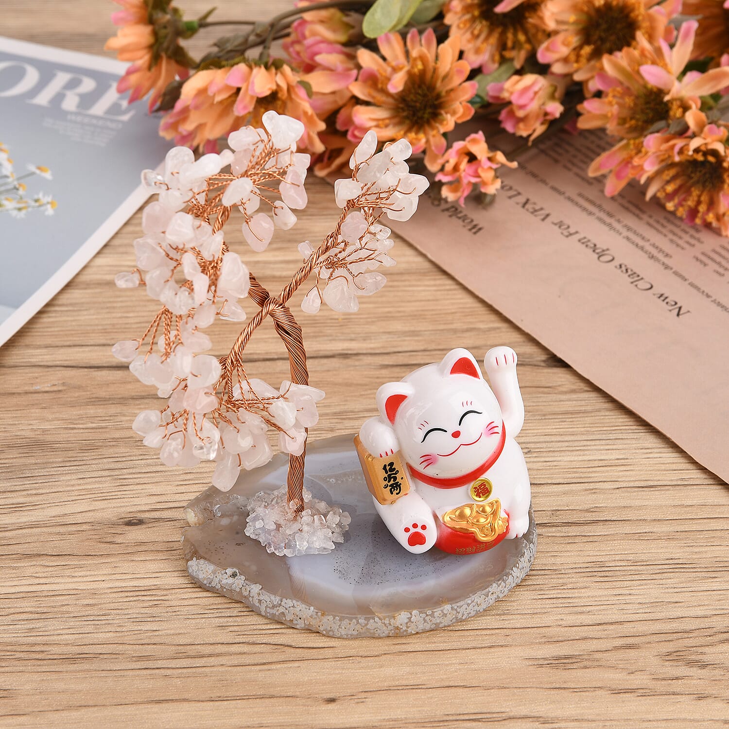 Showpiece Collection - Hand Set Rose Quartz Tree With Solar Lucky Maneki Neko Money Cat Figure on Agate Base