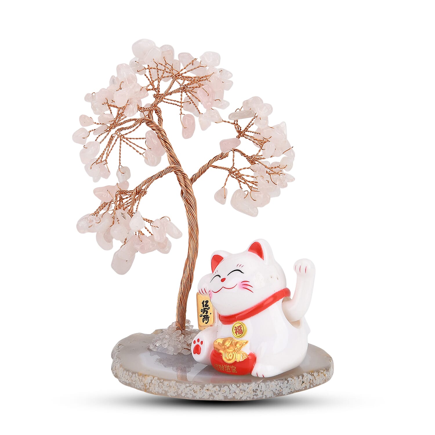 Showpiece Collection - Hand Set Rose Quartz Tree With Solar Lucky Maneki Neko Money Cat Figure on Agate Base