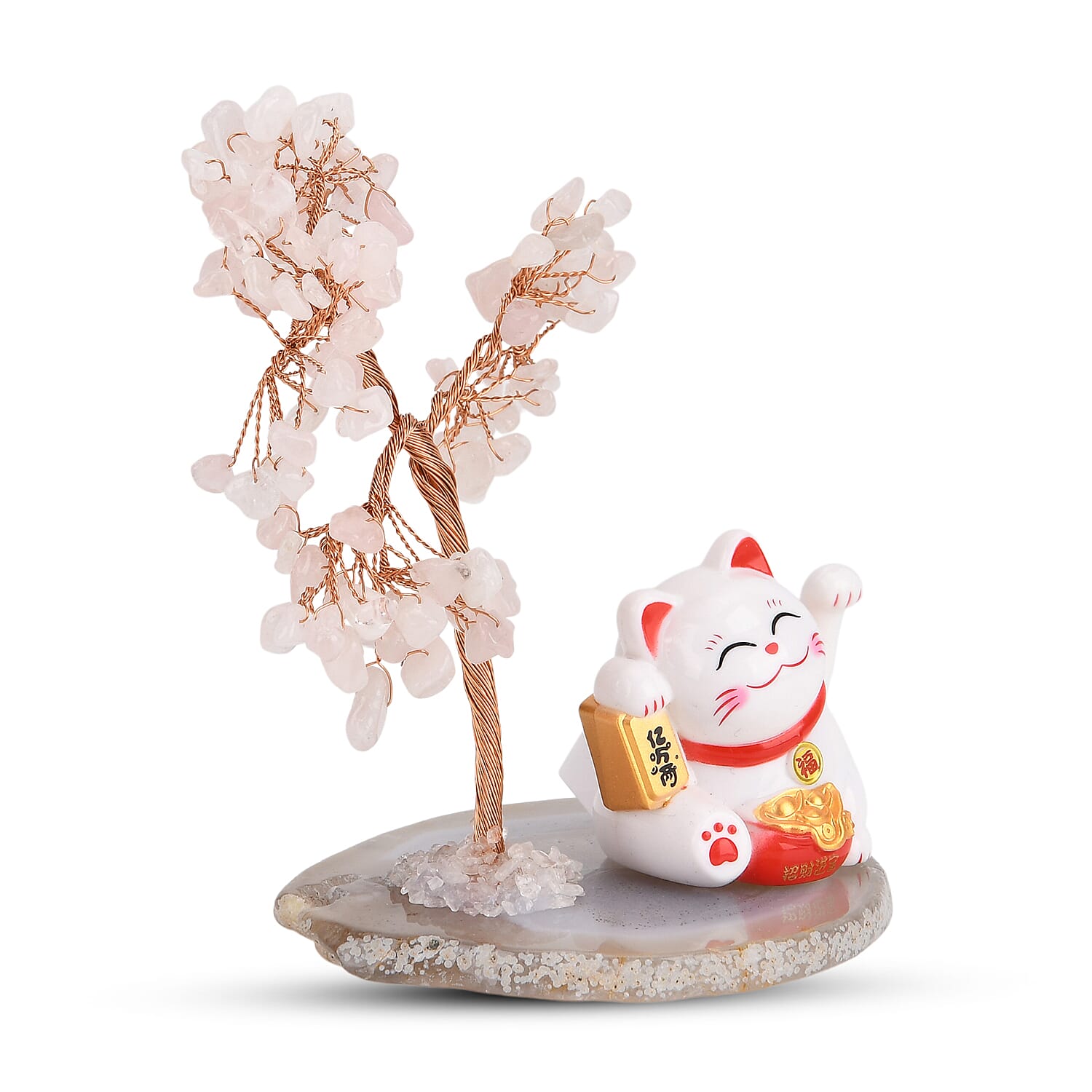 Showpiece Collection - Hand Set Rose Quartz Tree With Solar Lucky Maneki Neko Money Cat Figure on Agate Base