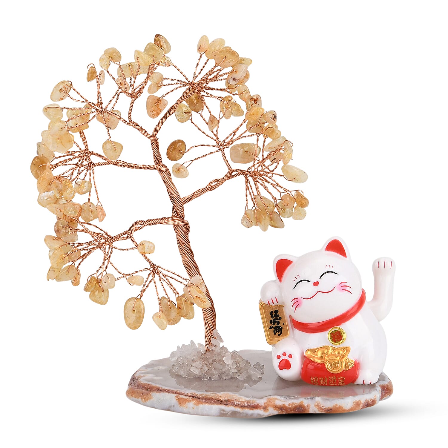 Showpiece Collection - Hand Set Yellow Aventurine Tree With Solar Lucky Maneki Neko Money Cat Figure on Agate Base