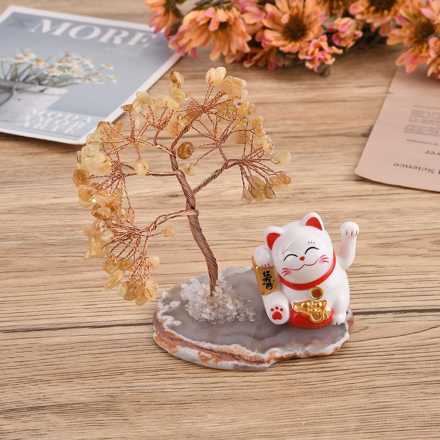 Showpiece Collection - Hand Set Yellow Aventurine Tree With Solar Lucky Maneki Neko Money Cat Figure on Agate Base