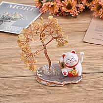 Showpiece Collection - Hand Set Yellow Aventurine Tree With Solar Lucky Maneki Neko Money Cat Figure on Agate Base