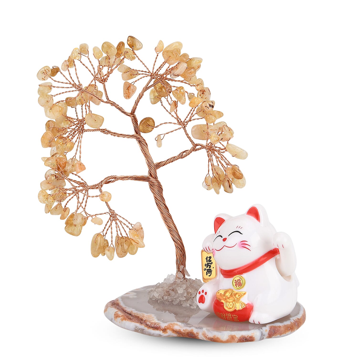 Showpiece Collection - Hand Set Yellow Aventurine Tree With Solar Lucky Maneki Neko Money Cat Figure on Agate Base