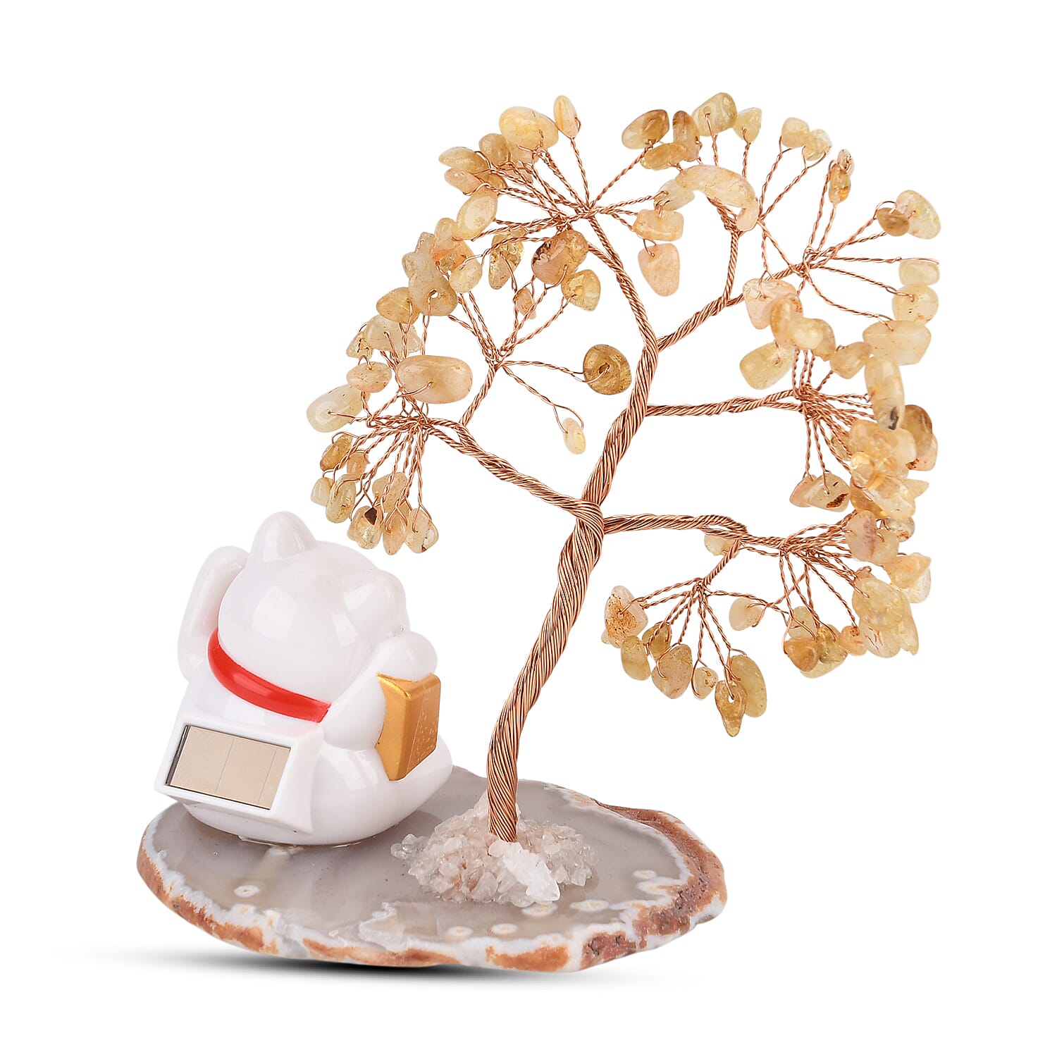 Showpiece Collection - Hand Set Yellow Aventurine Tree With Solar Lucky Maneki Neko Money Cat Figure on Agate Base