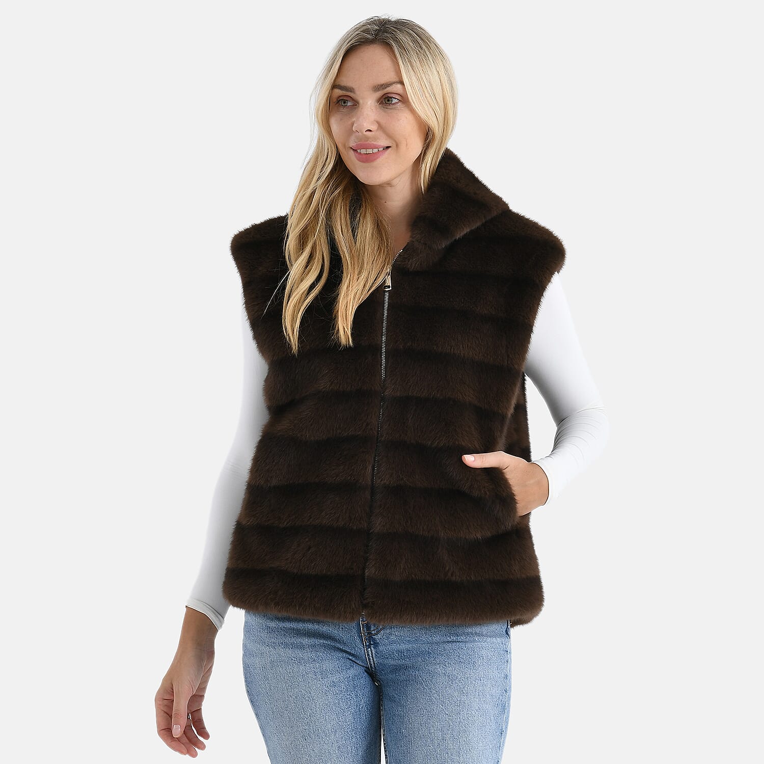 La Marey Faux Fur Hoodie Gilet (Size 8 to 16) - Dark Brown