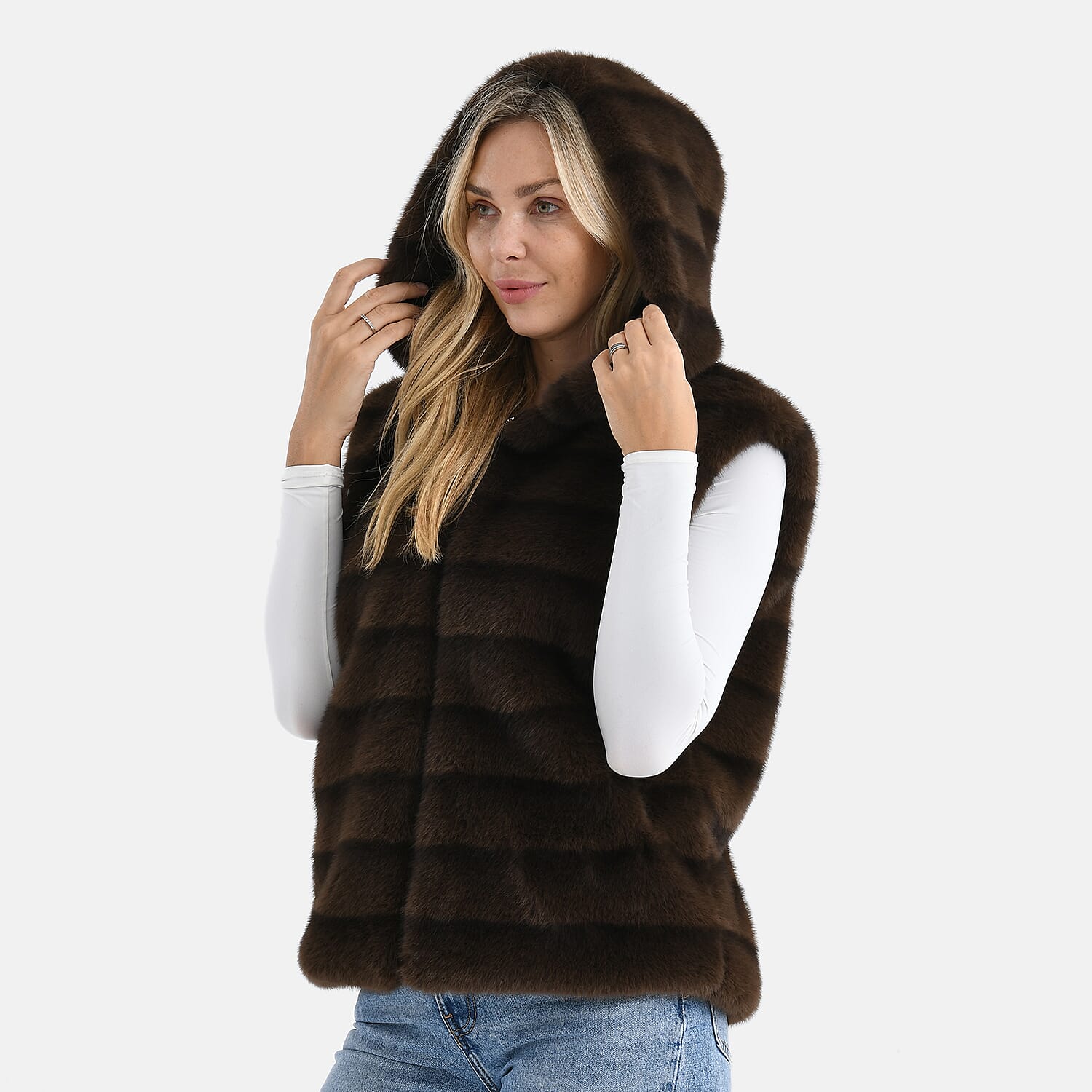 La Marey Faux Fur Hoodie Gilet (One Size, 8 to 18) - Dark Brown