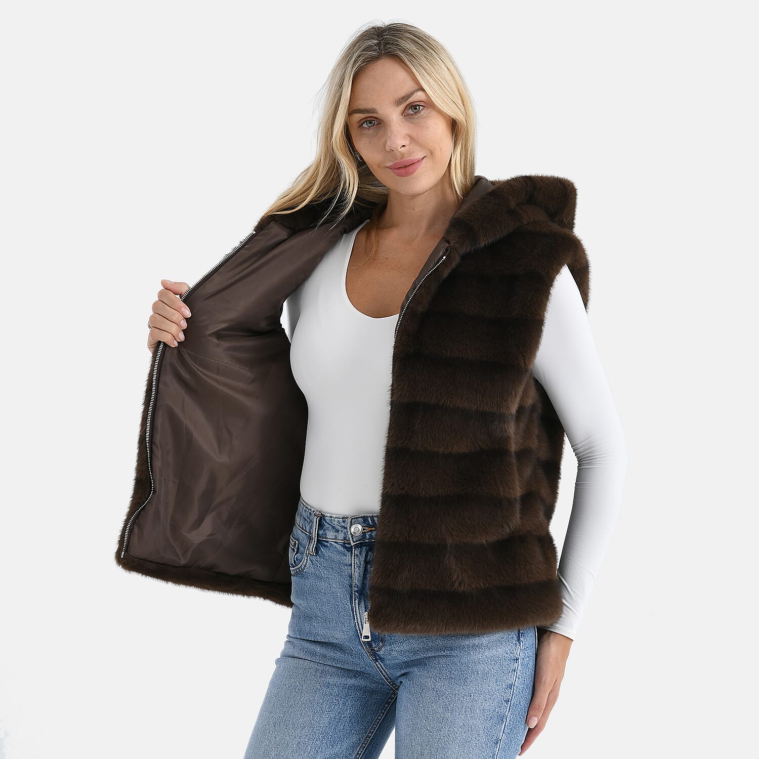 La Marey Faux Fur Hoodie Gilet (One Size, 8 to 18) - Dark Brown