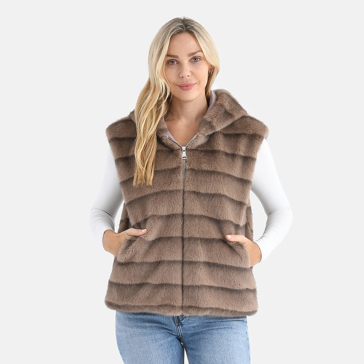 La Marey Faux Fur Hoodie Gilet (Size 8 to 16) - Light Brown