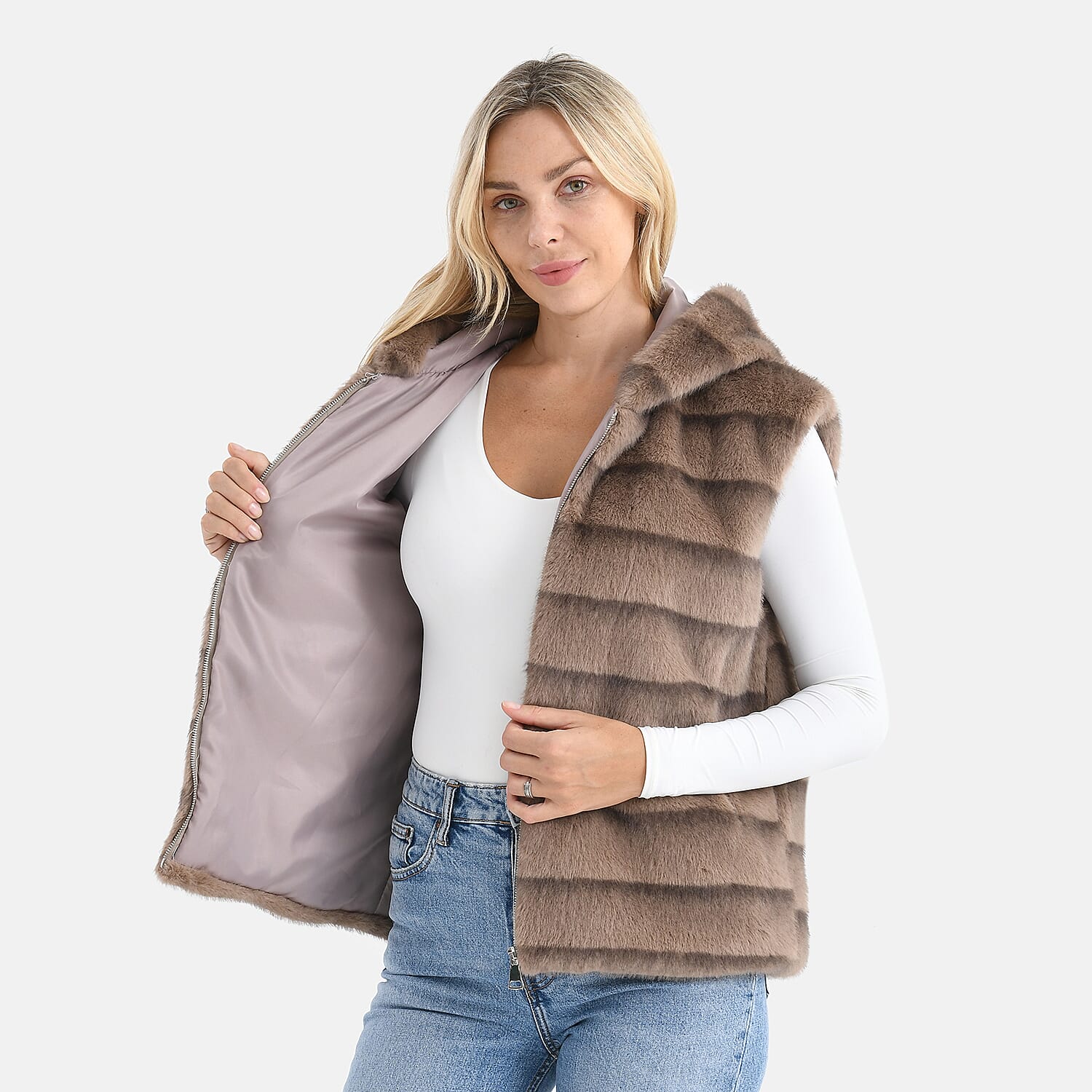 La Marey Faux Fur Hoodie Gilet (Size 8 to 16) - Light Brown