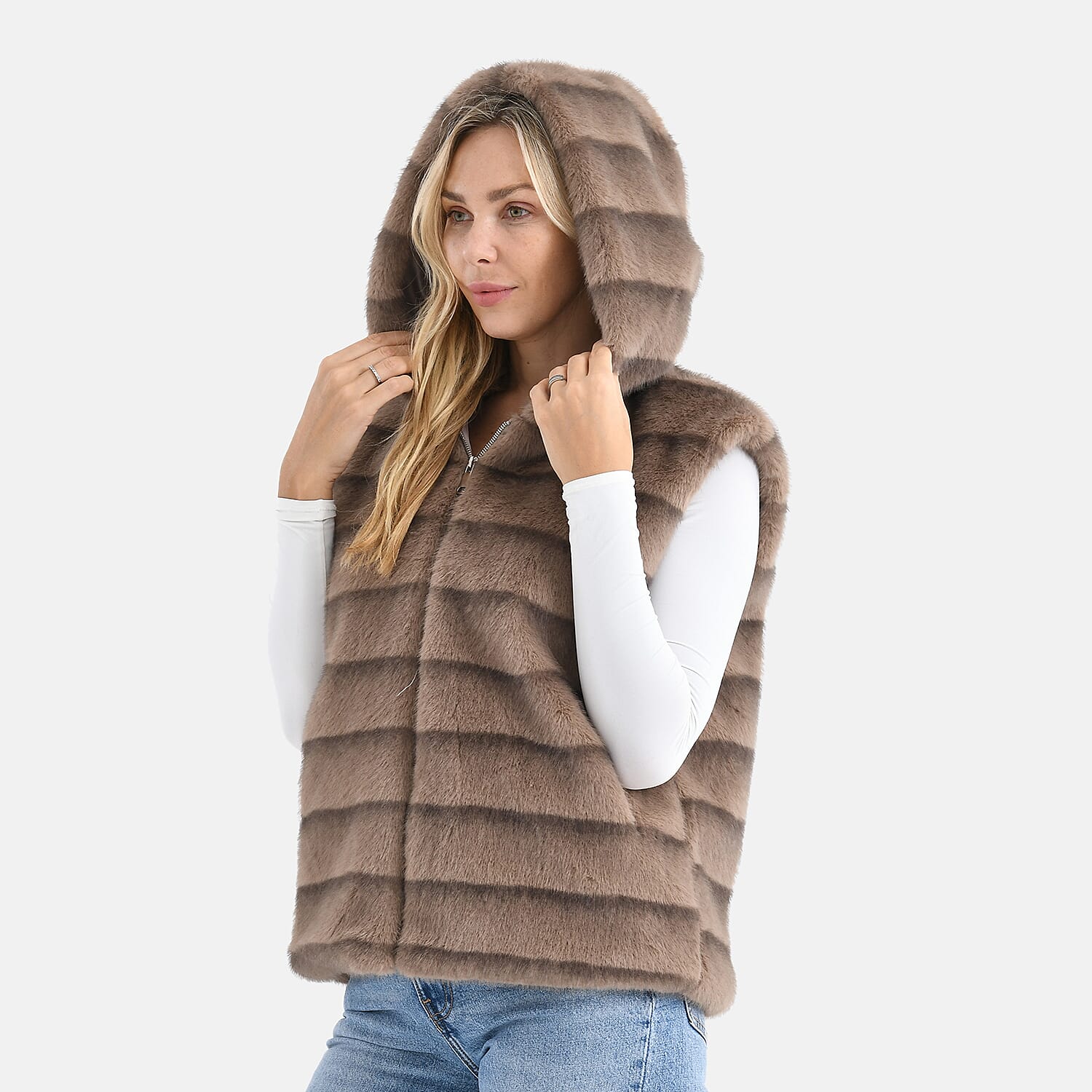 La Marey Faux Fur Hoodie Gilet (Size 8 to 16) - Light Brown