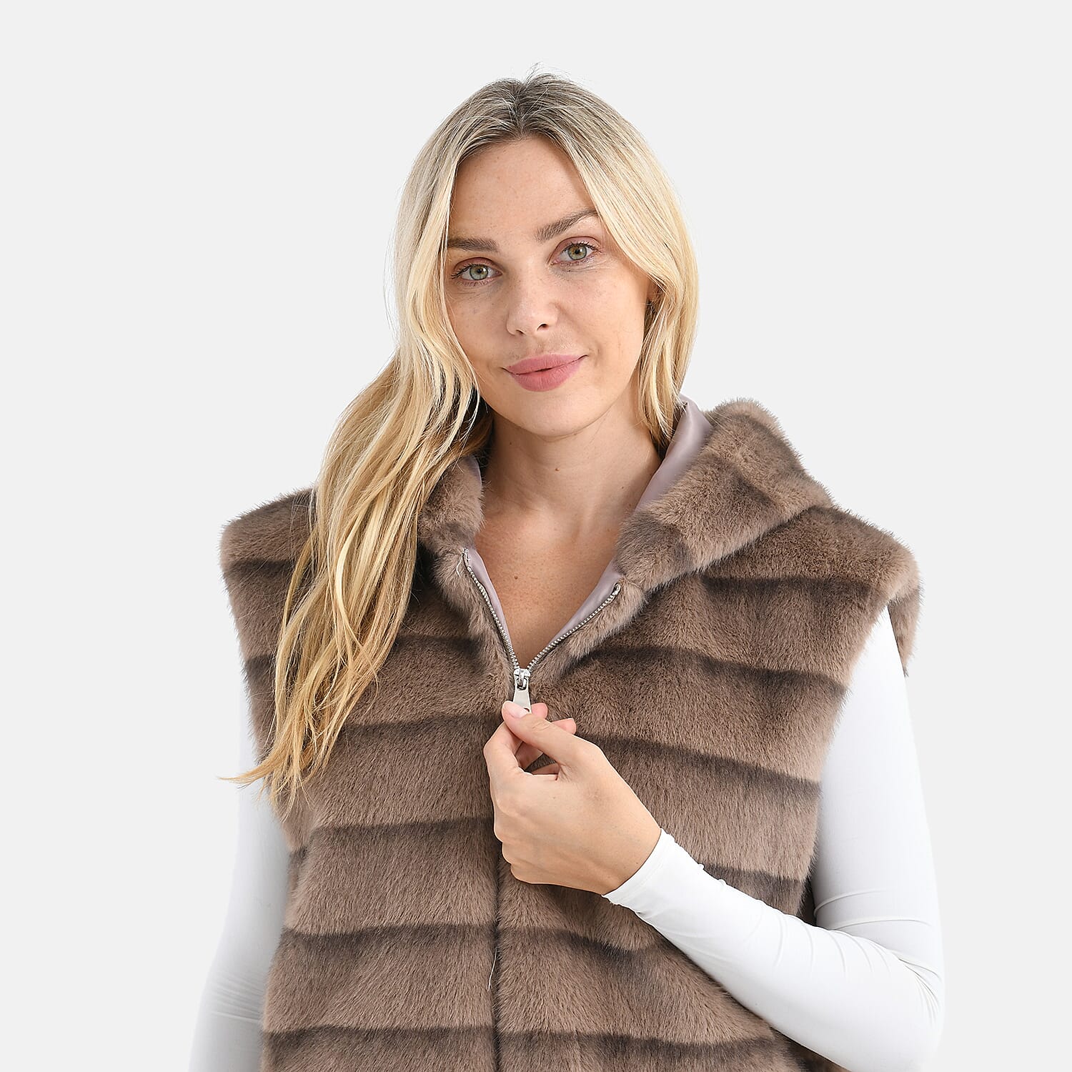La Marey Faux Fur Hoodie Gilet (Size 8 to 16) - Light Brown