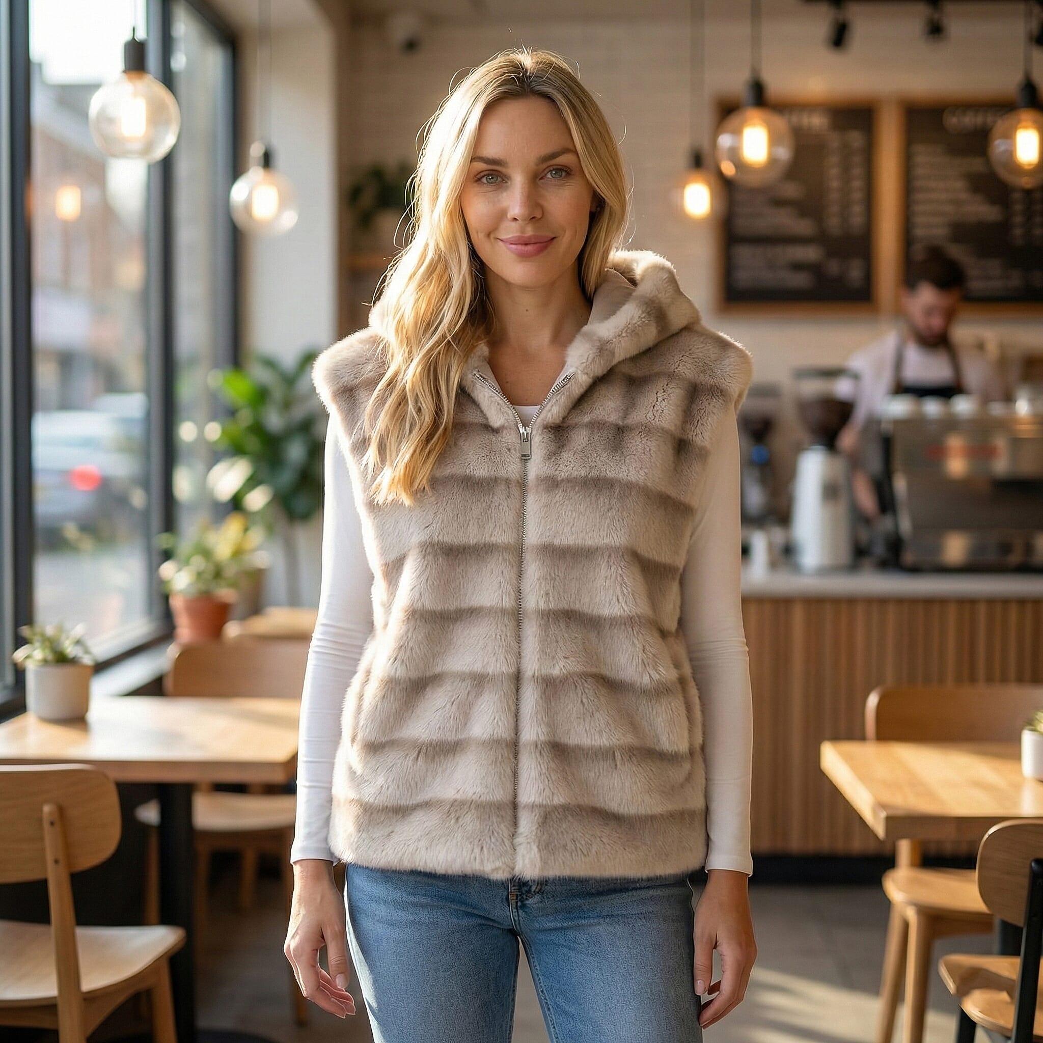 La Marey Faux Fur Hoodie Gilet (Size 8 to 16) - Beige