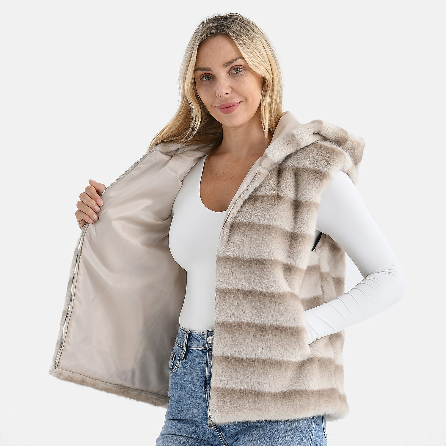 La Marey Faux Fur Hoodie Gilet (Size 8 to 16) - Beige