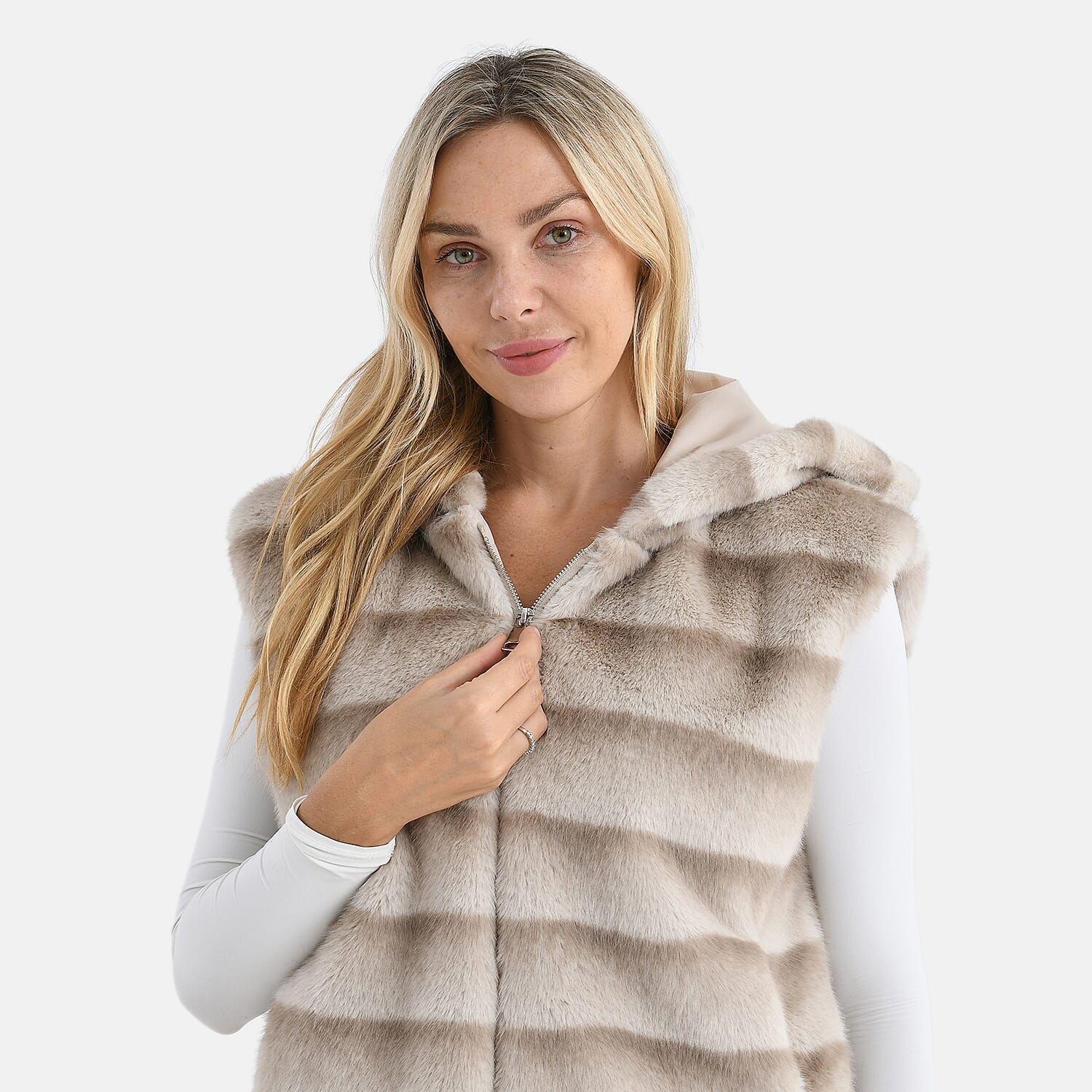 La Marey Faux Fur Hoodie Gilet (Size 8 to 16) - Beige