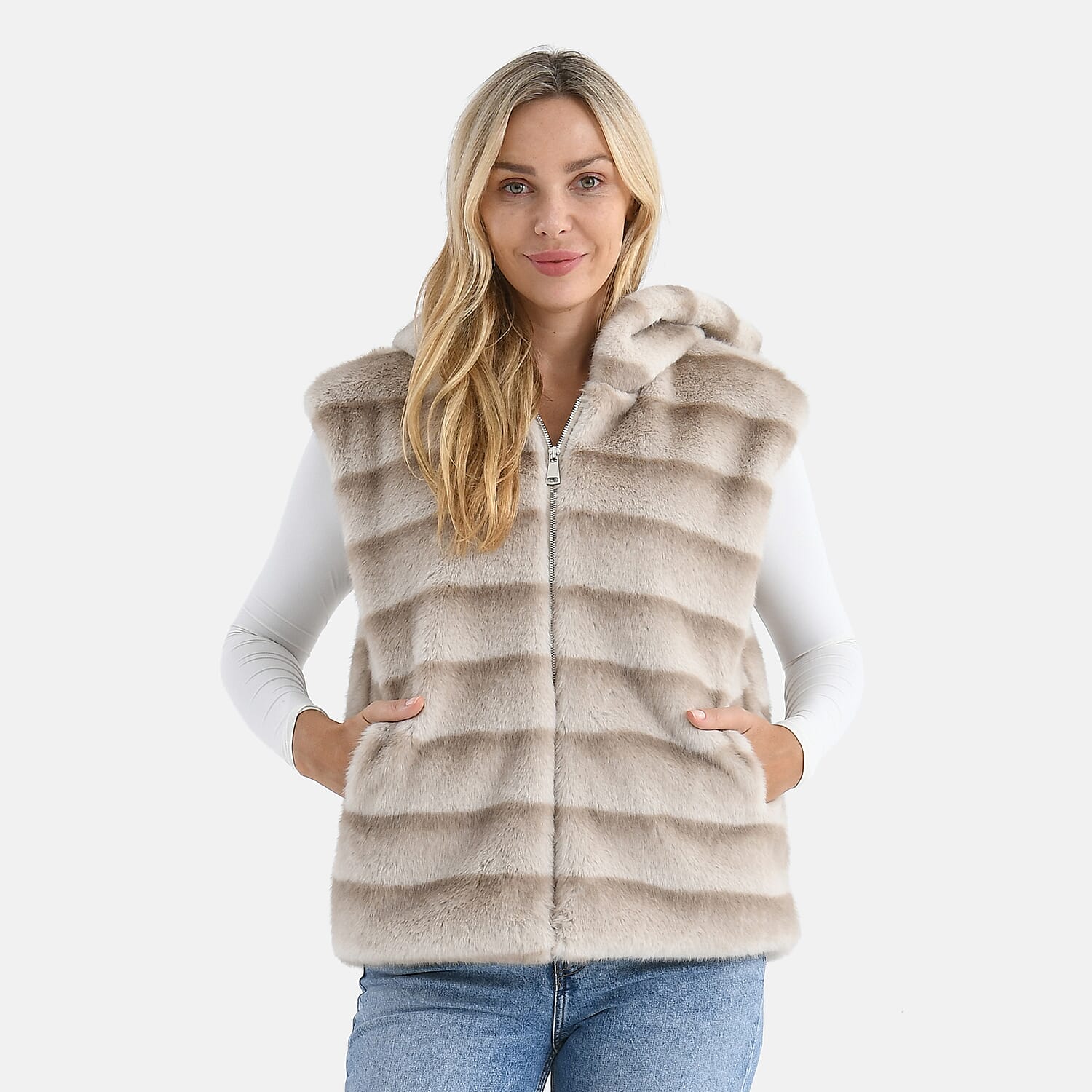 La Marey Faux Fur Hoodie Gilet (One Size, 8 to 18) - Beige