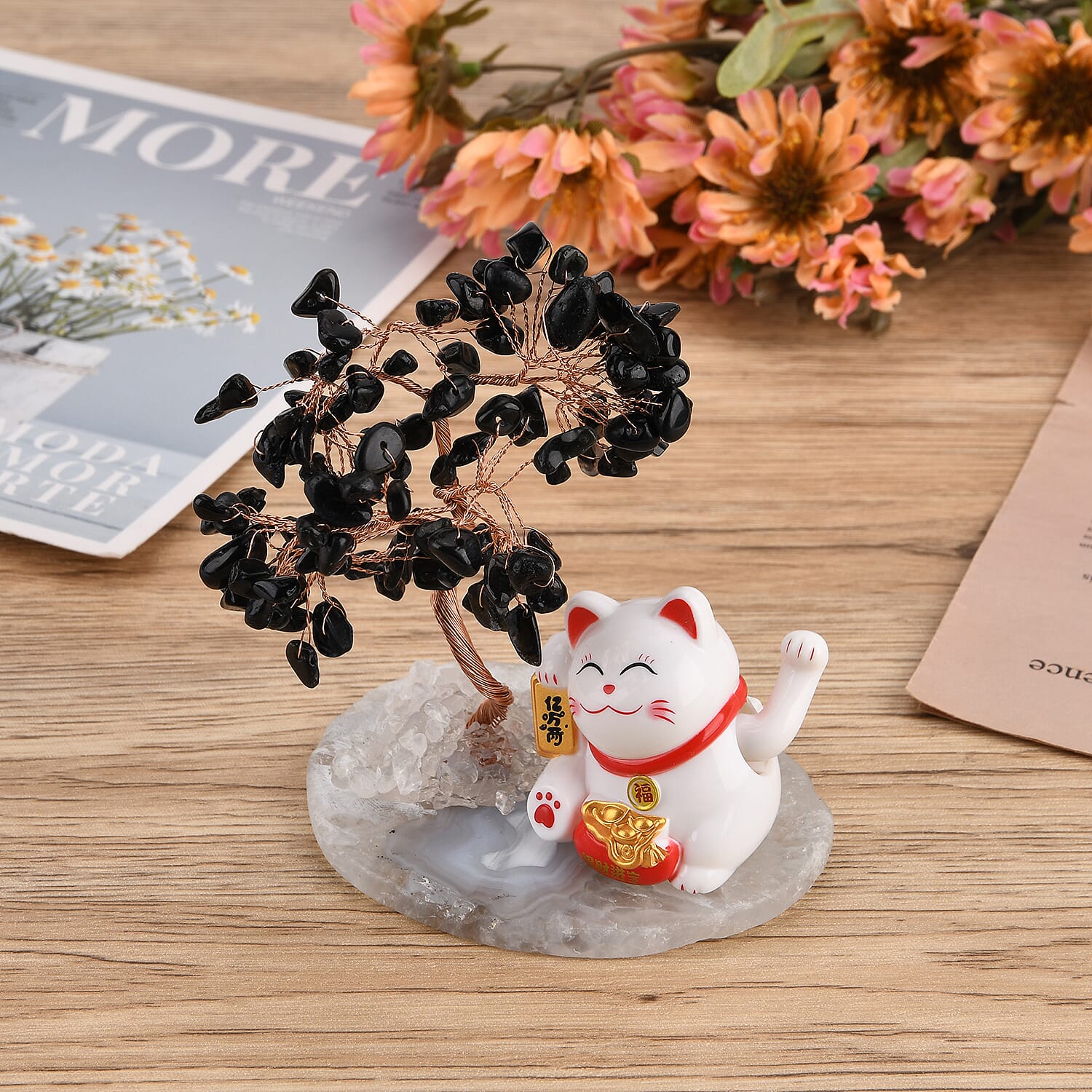 Showpiece Collection - Hand Set Black Onyx Tree With Solar Lucky Maneki Neko Money Cat Figure on Agate Base