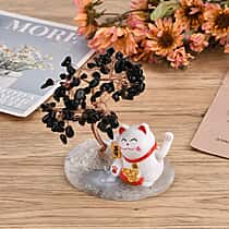 Showpiece Collection - Hand Set Black Onyx Tree With Solar Lucky Maneki Neko Money Cat Figure on Agate Base