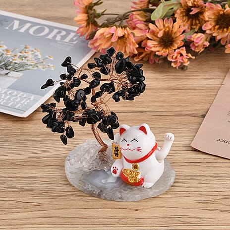 Showpiece Collection - Hand Set Black Onyx Tree With Solar Lucky Maneki Neko Money Cat Figure on Agate Base