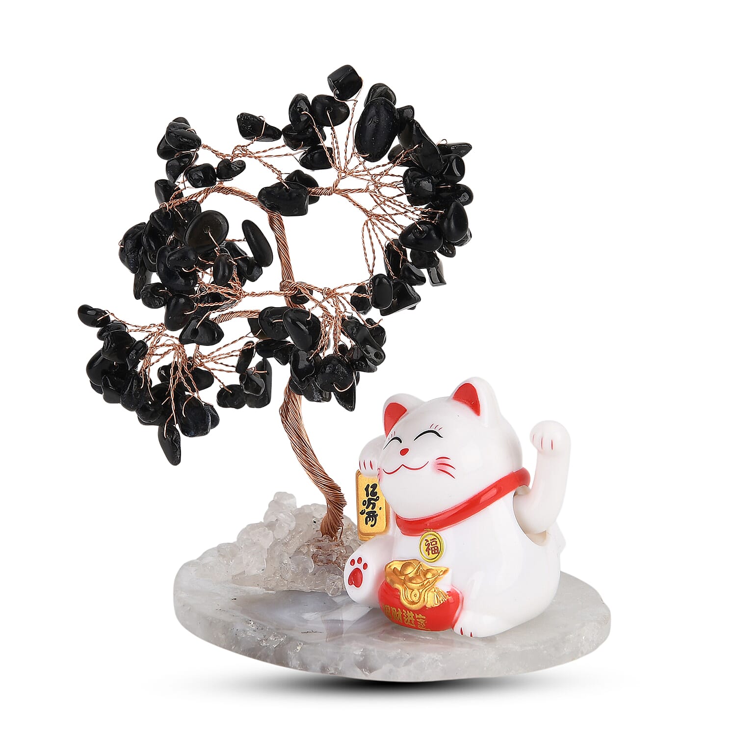 Showpiece Collection - Hand Set Black Onyx Tree With Solar Lucky Maneki Neko Money Cat Figure on Agate Base