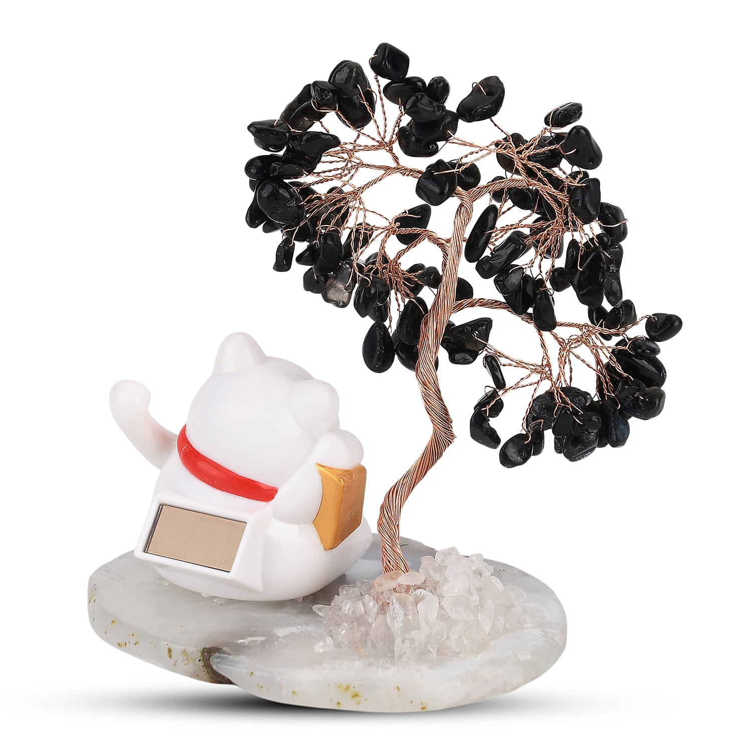 Showpiece Collection - Hand Set Black Onyx Tree With Solar Lucky Maneki Neko Money Cat Figure on Agate Base