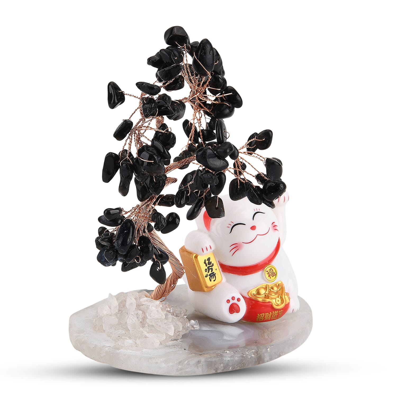 Showpiece Collection - Hand Set Black Onyx Tree With Solar Lucky Maneki Neko Money Cat Figure on Agate Base