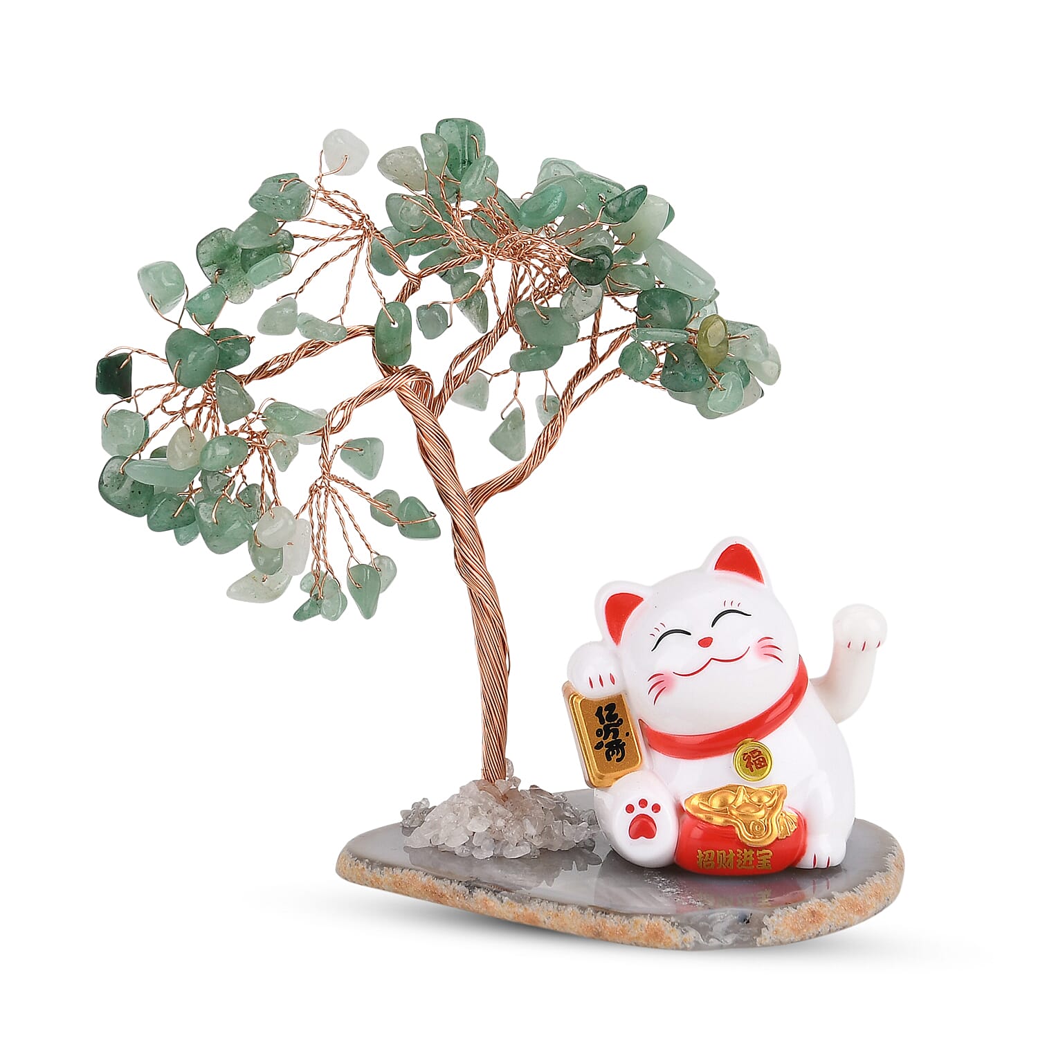 Showpiece Collection - Hand Set Green Aventurine Tree With Solar Lucky Maneki Neko Money Cat Figure on Agate Base