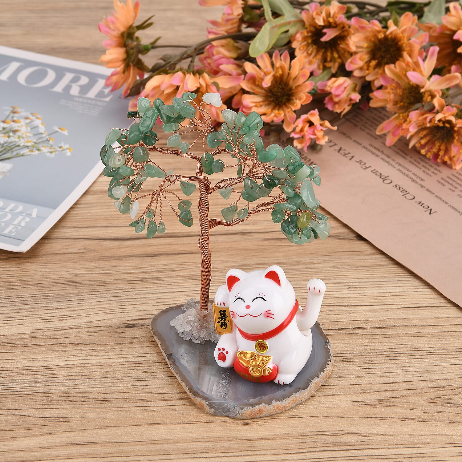 Showpiece Collection - Hand Set Green Aventurine Tree With Solar Lucky Maneki Neko Money Cat Figure on Agate Base