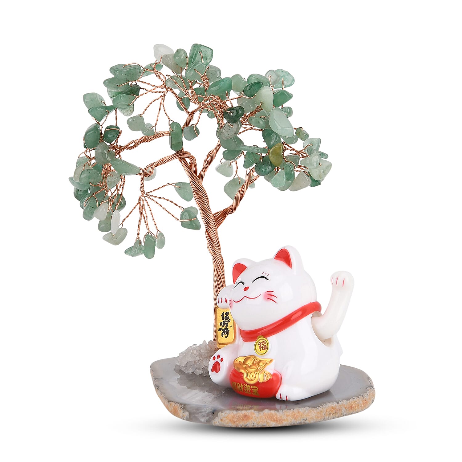 Showpiece Collection - Hand Set Green Aventurine Tree With Solar Lucky Maneki Neko Money Cat Figure on Agate Base