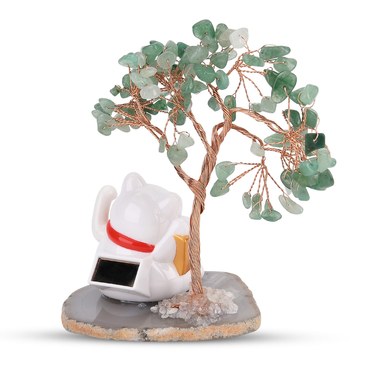 Showpiece Collection - Hand Set Green Aventurine Tree With Solar Lucky Maneki Neko Money Cat Figure on Agate Base