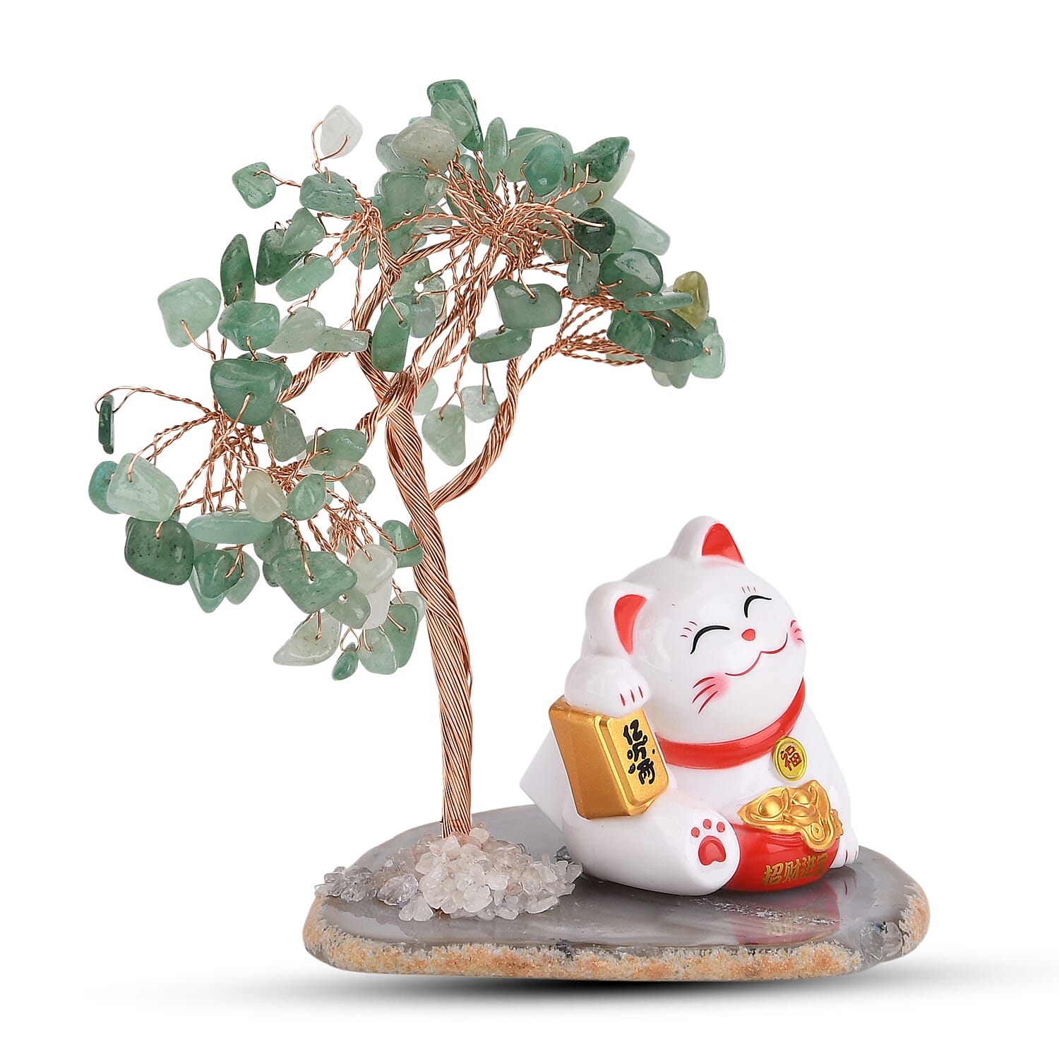Showpiece Collection - Hand Set Green Aventurine Tree With Solar Lucky Maneki Neko Money Cat Figure on Agate Base