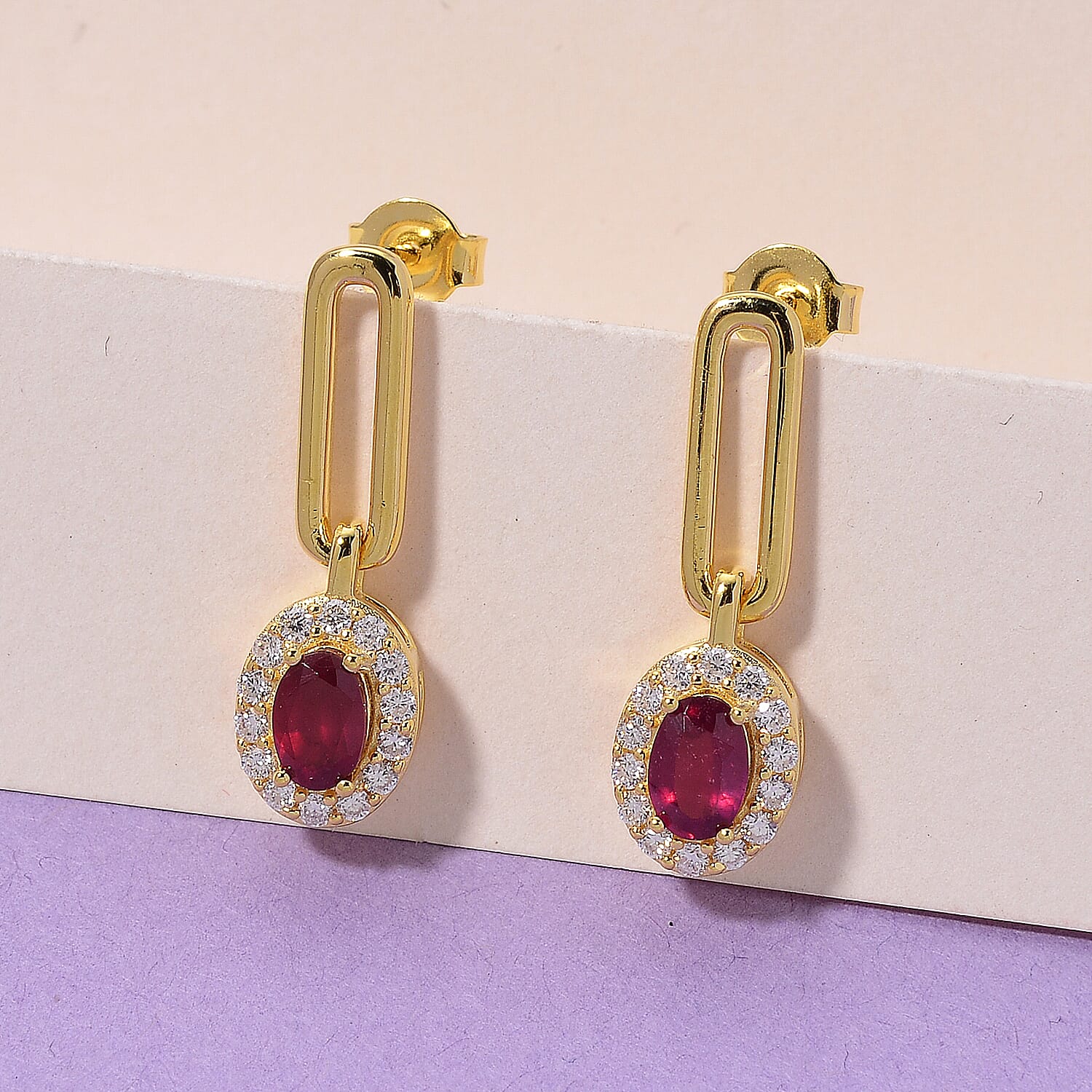 D'Joy Fissure Filled Ruby, Moissanite Fancy Earring in Vermeil YGSterling Silver  1.800  Ct.