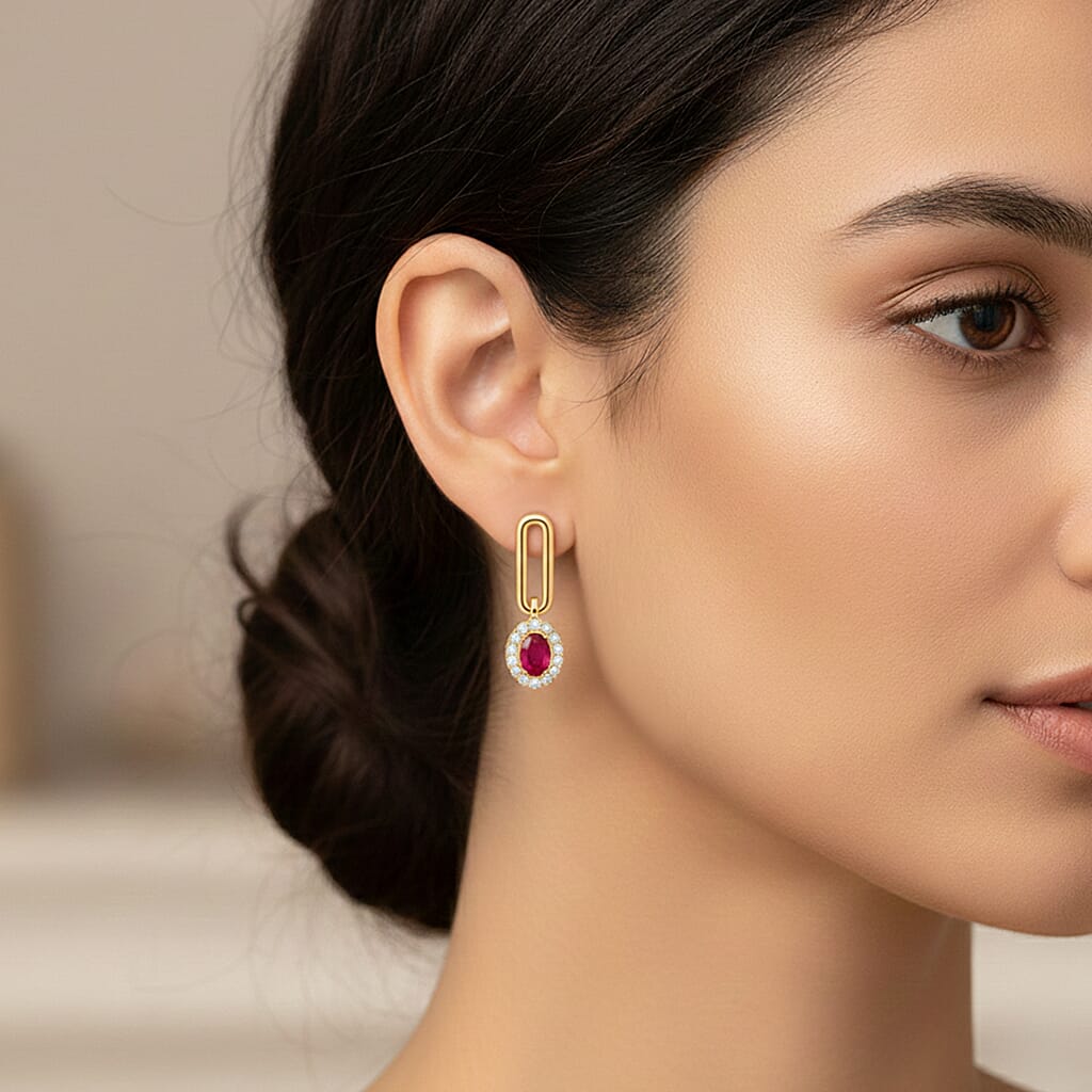 D'Joy Fissure Filled Ruby, Moissanite Fancy Earring in Vermeil YGSterling Silver  1.800  Ct.