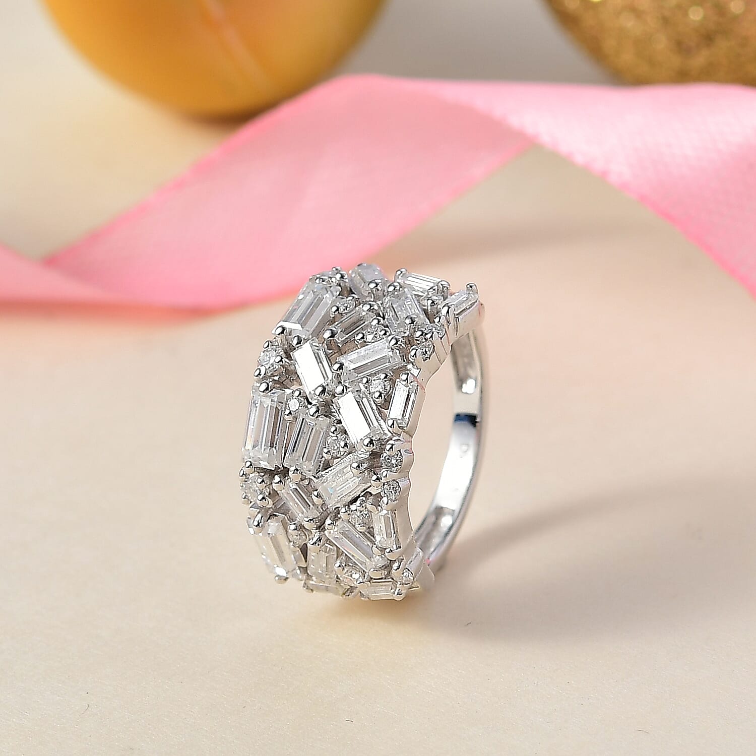 D'Joy Moissanite Cluster Ring in Rhodium OverlaySterling Silver, Silver Wt.5 Gms  2.352  Ct.