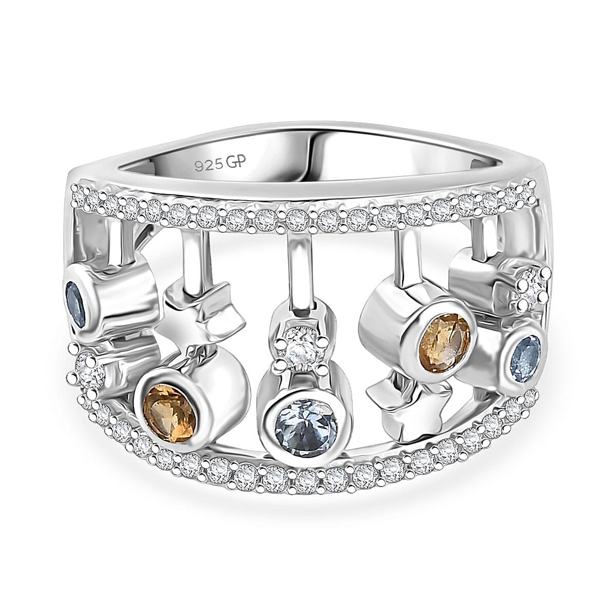 GP - Celestial Dream Collection Skyblue Topaz, Blue Sapphire & White Zircon Ring in Rhodium Overlay Sterling Silver 1.13 Ct, Silver Wt. 5.88 Gms.