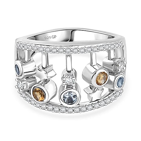 GP - Celestial Dream Collection Skyblue Topaz, Blue Sapphire & White Zircon Ring in Rhodium Overlay Sterling Silver 1.13 Ct, Silver Wt. 5.88 Gms.