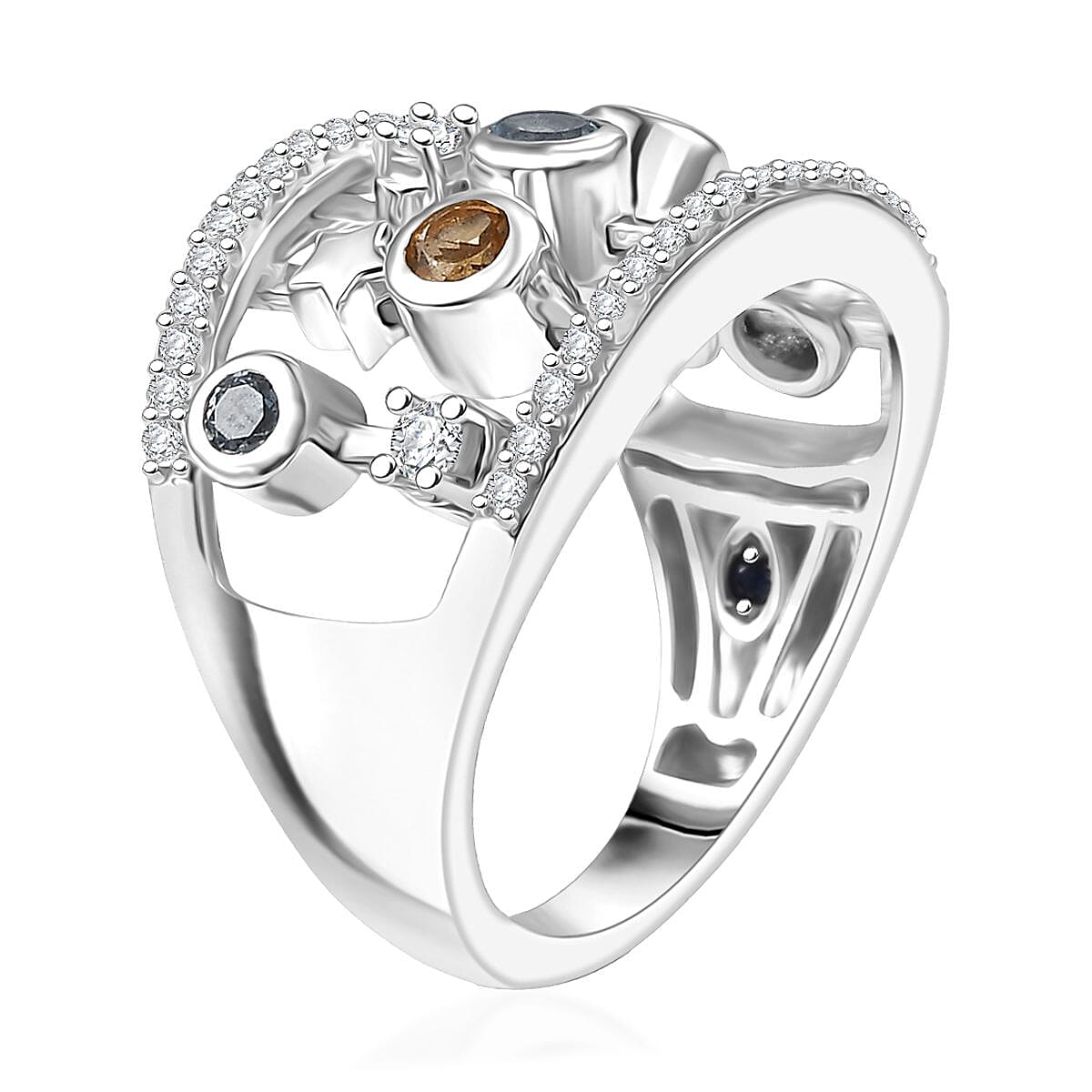 GP - Celestial Dream Collection Skyblue Topaz, Blue Sapphire & White Zircon Ring in Rhodium Overlay Sterling Silver 1.13 Ct, Silver Wt. 5.88 Gms.