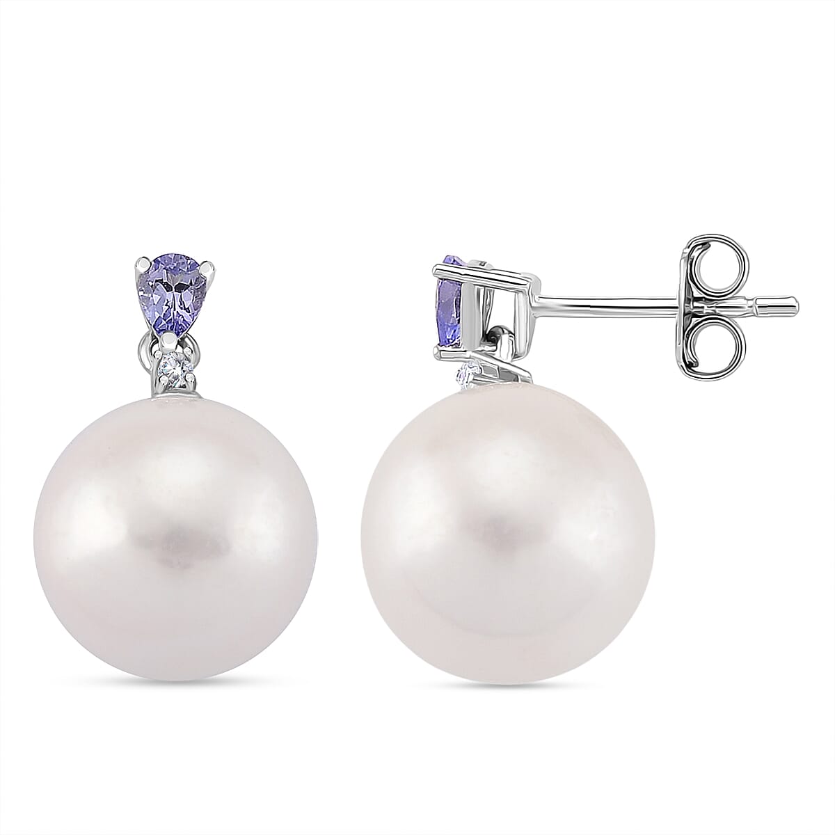 D'Joy Tanzanite, Moissanite & White Edison Pearl Earring with Push Back in Rhodium Overlay Sterling Silver 26.84 Ct.