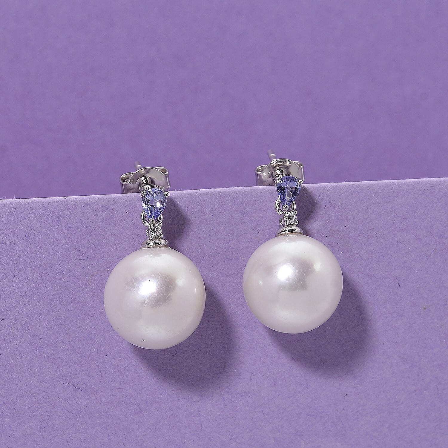 D'Joy Tanzanite, Moissanite & White Edison Pearl Earring with Push Back in Rhodium Overlay Sterling Silver 26.84 Ct.