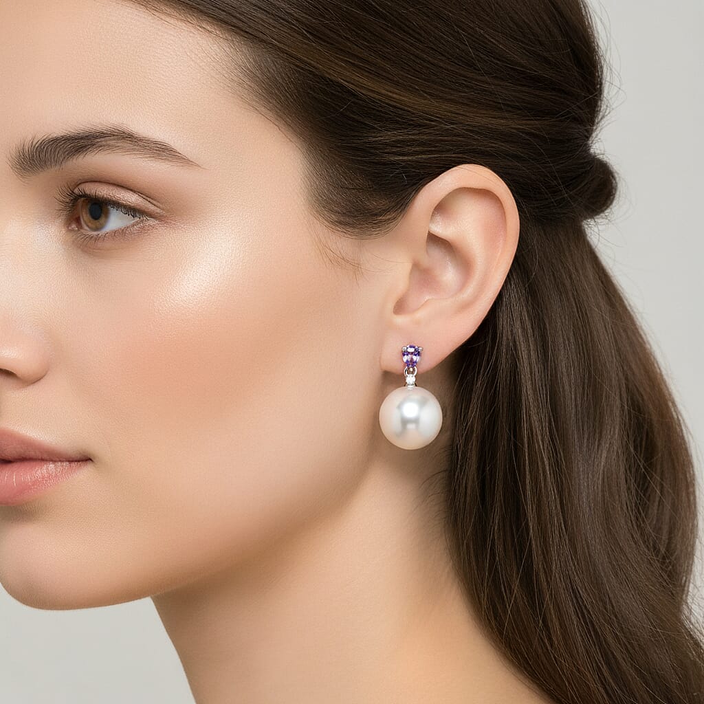 D'Joy Tanzanite, Moissanite & White Edison Pearl Earring with Push Back in Rhodium Overlay Sterling Silver 26.84 Ct.