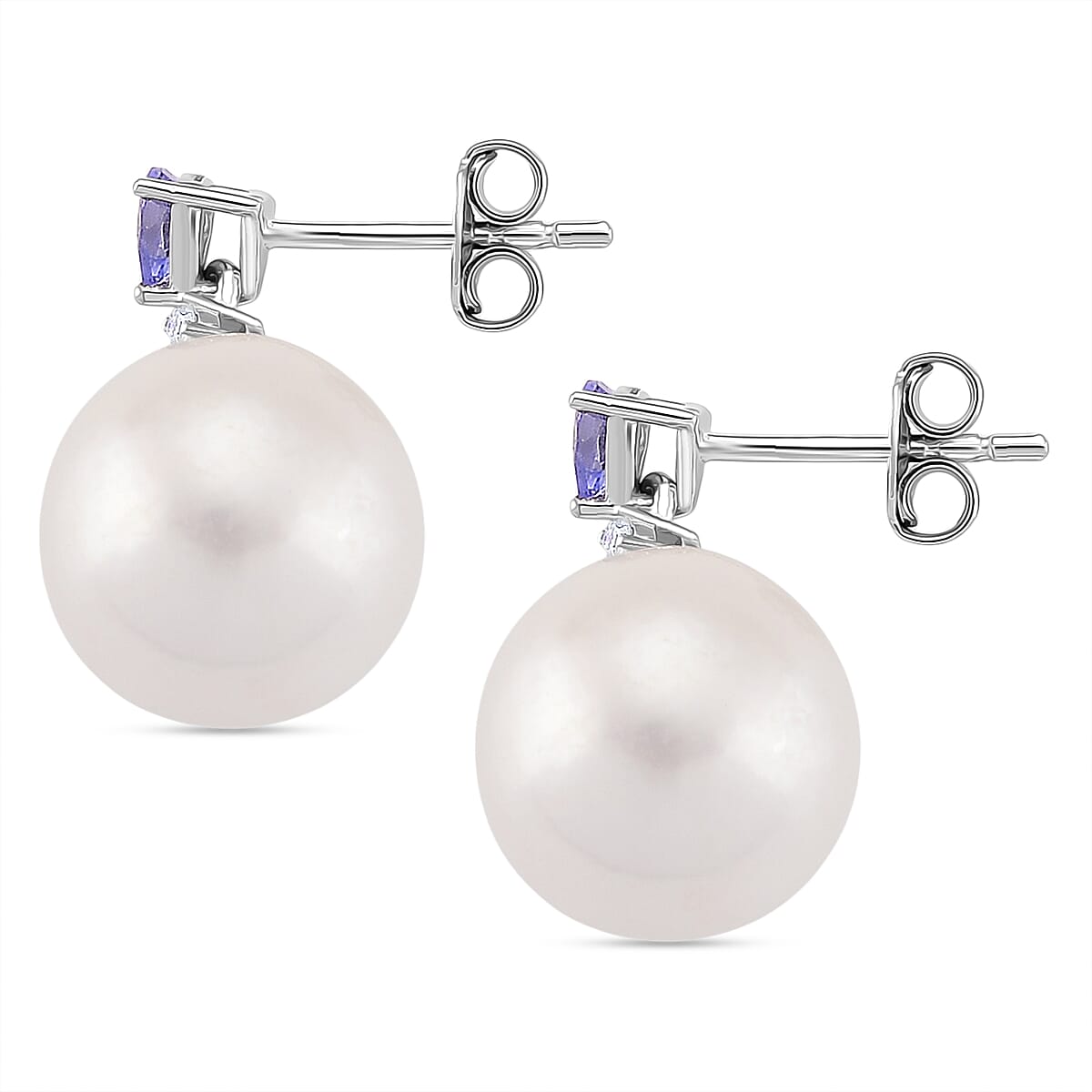 D'Joy Tanzanite, Moissanite & White Edison Pearl Earring with Push Back in Rhodium Overlay Sterling Silver 26.84 Ct.