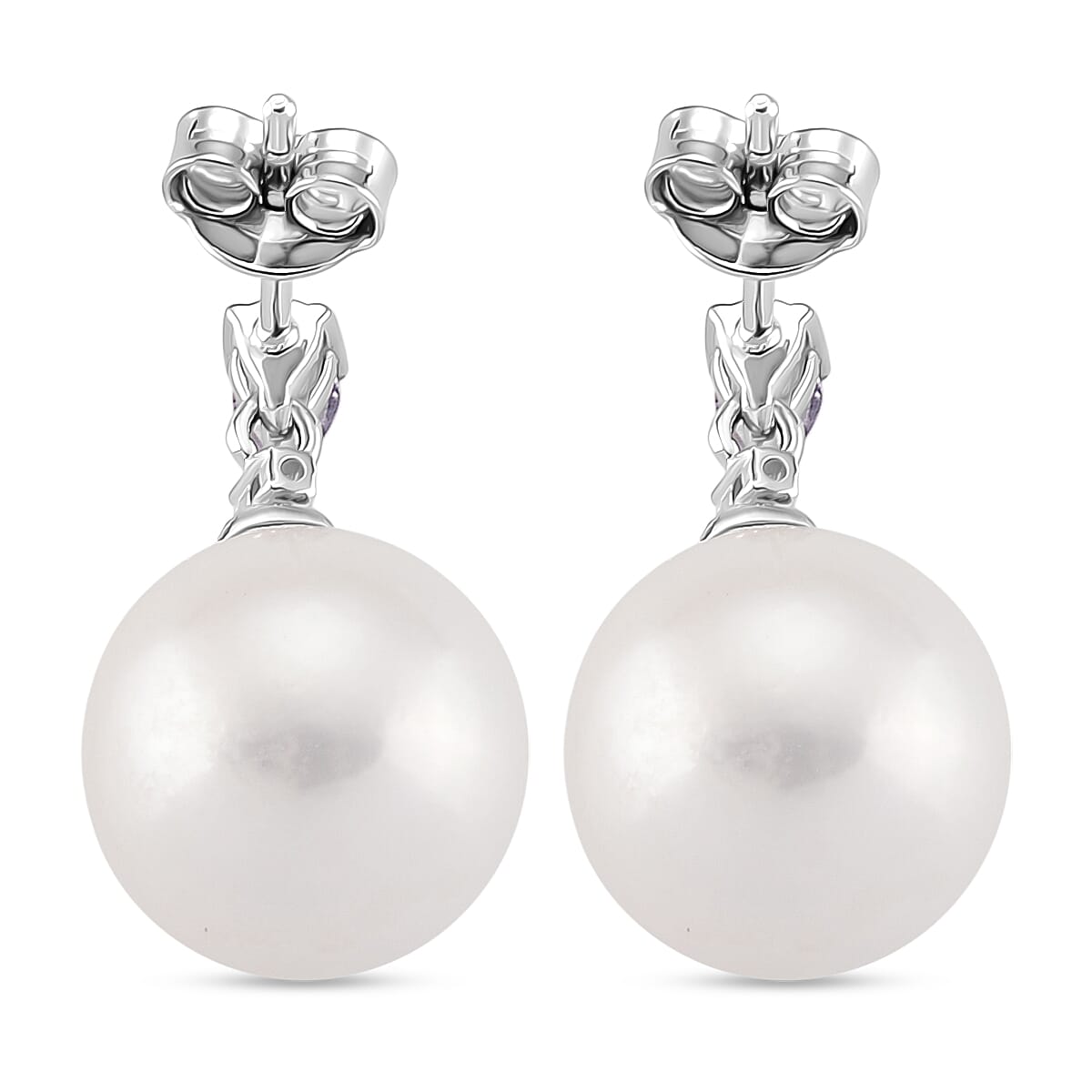 D'Joy Tanzanite, Moissanite & White Edison Pearl Earring with Push Back in Rhodium Overlay Sterling Silver 26.84 Ct.