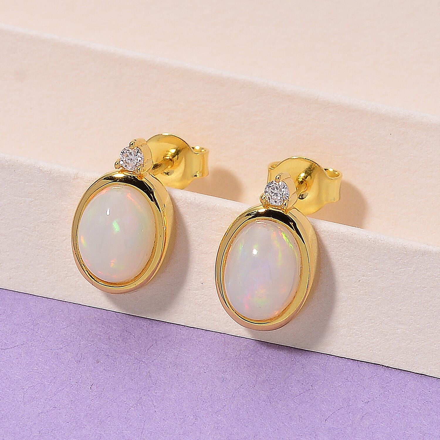 D'Joy Ethiopian Opal & Moissanite Earring with Push Back in Yellow Gold Plated Sterling Silver 2.32 Ct.