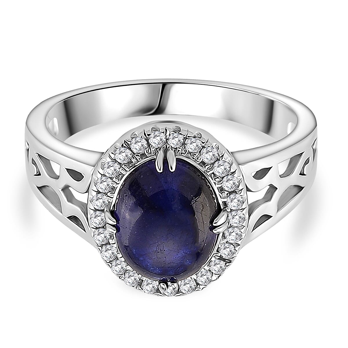 D'Joy Fissure Filled Blue Sapphire & White Zircon Ring in Rhodium Overlay Sterling Silver 1.85 Ct.