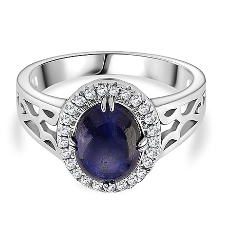 D'Joy Fissure Filled Blue Sapphire & White Zircon Ring in Rhodium Overlay Sterling Silver 1.85 Ct.