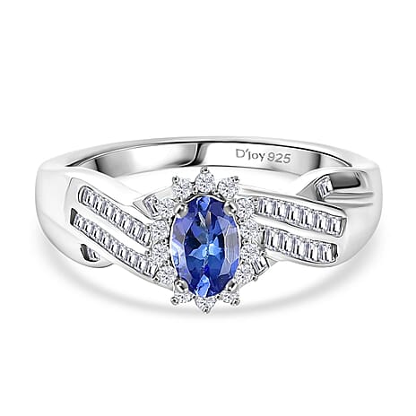 D'Joy Tanzanite & White Diamond Ring in Rhodium Overlay Sterling Silver 0.76 Ct.
