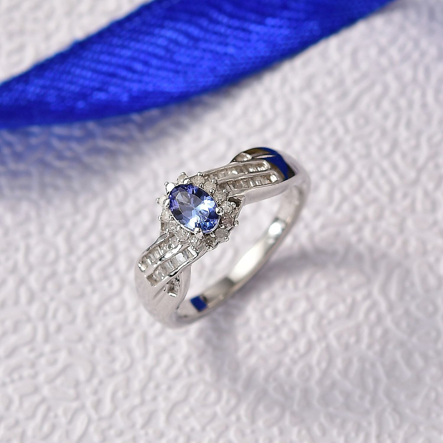 D'Joy Tanzanite & White Diamond Ring in Rhodium Overlay Sterling Silver 0.76 Ct.