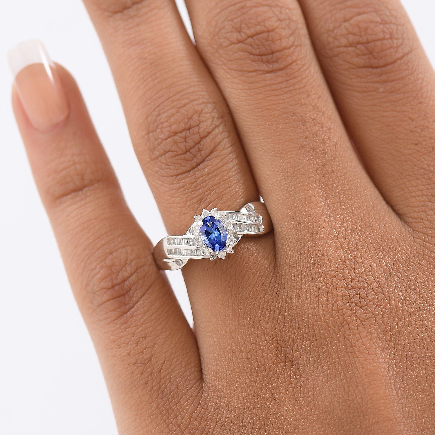 D'Joy Tanzanite & White Diamond Ring in Rhodium Overlay Sterling Silver 0.76 Ct.